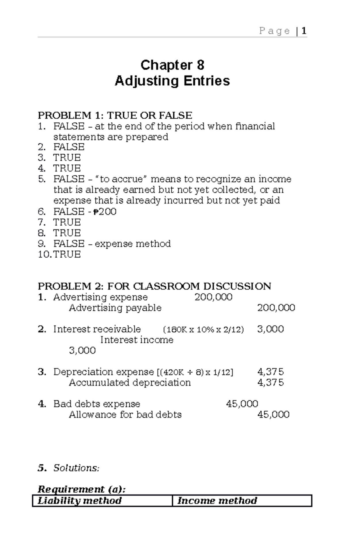 SOL - Reviewer - Chapter 8 Adjusting Entries PROBLEM 1: TRUE OR FALSE ...