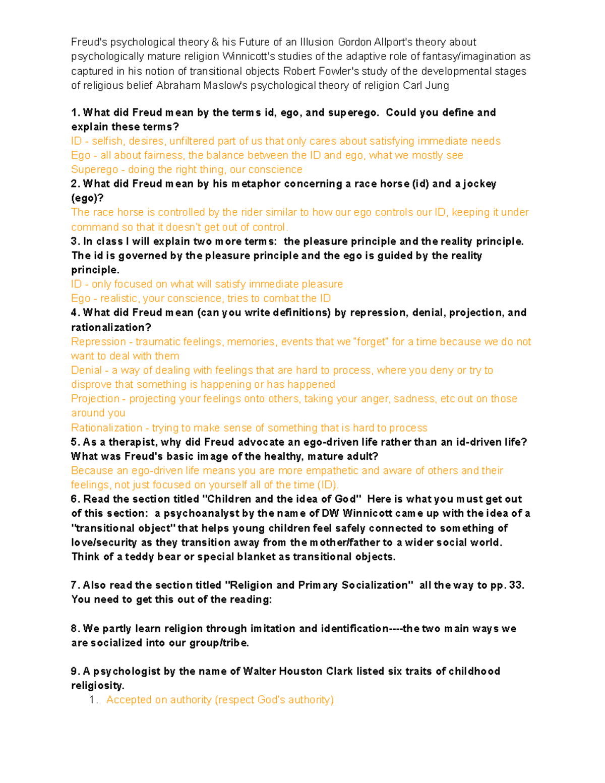 RLS Study Questions - Freud's psychological theory & his Future of an ...