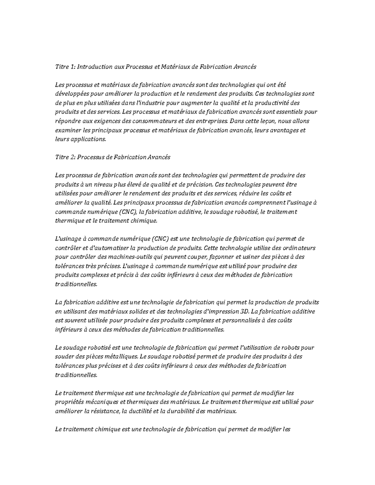 Advanced Manufacturing Processes and Materials;;;;;;;;; Notes de cours