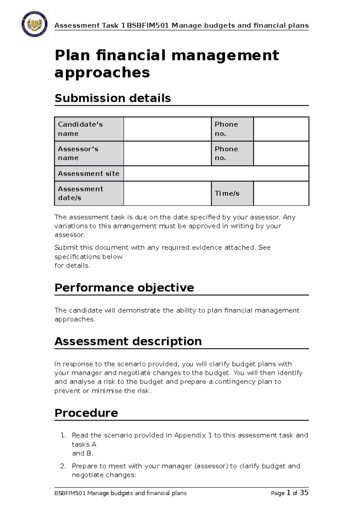 Bsbfim 501 - Assessment - Plan Financial Management Approaches ...