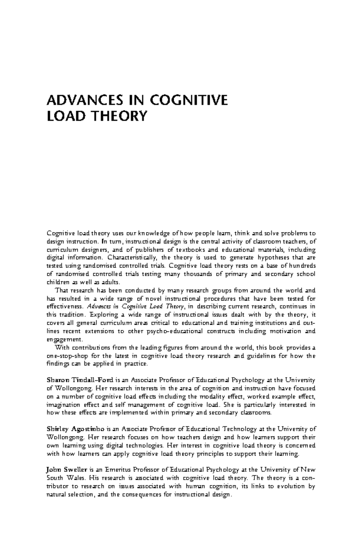 10 - none - ADVANCES IN COGNITIVE LOAD THEORY Cognitive load theory ...