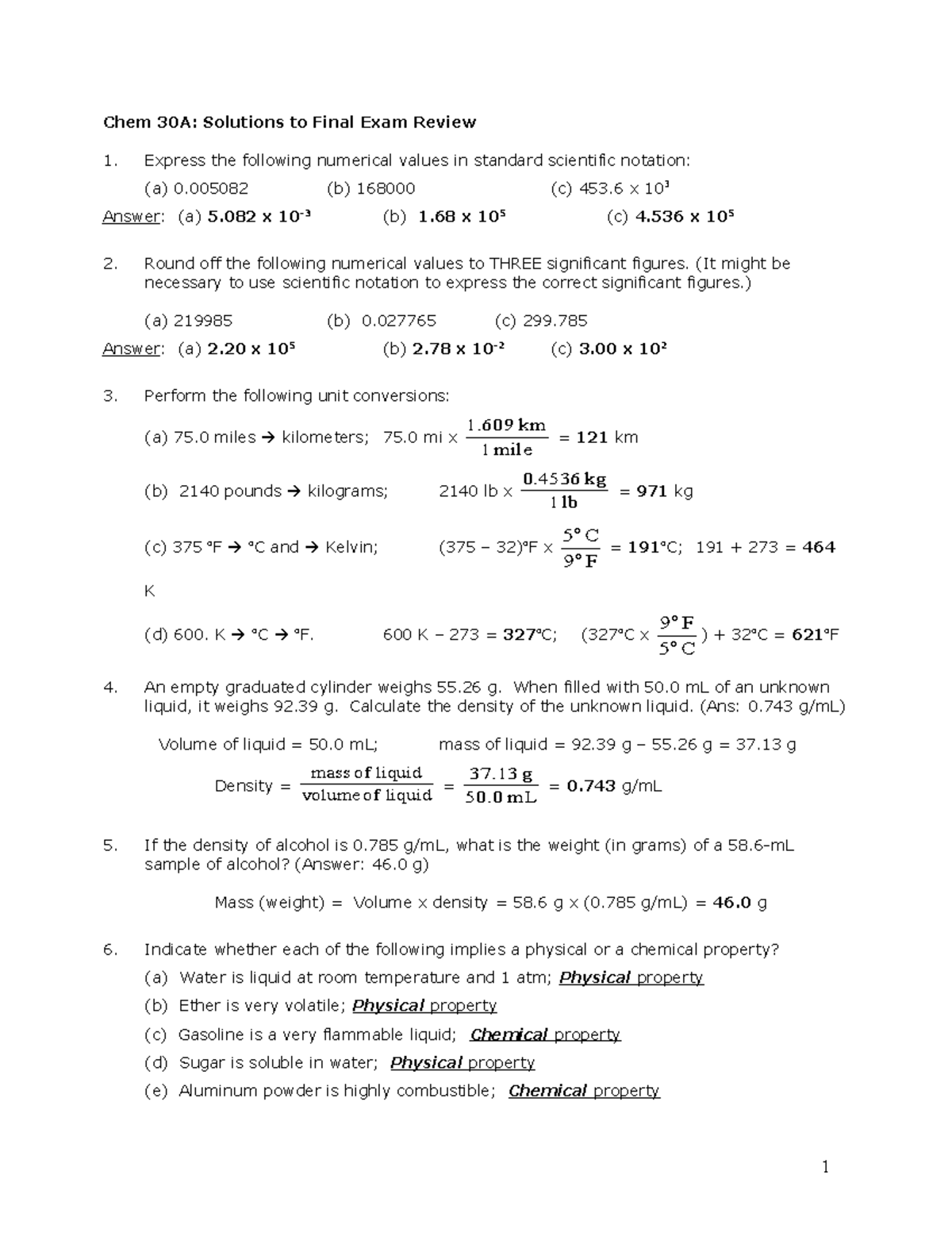 Chem 30A: Final Exam Review Solutions - Studocu