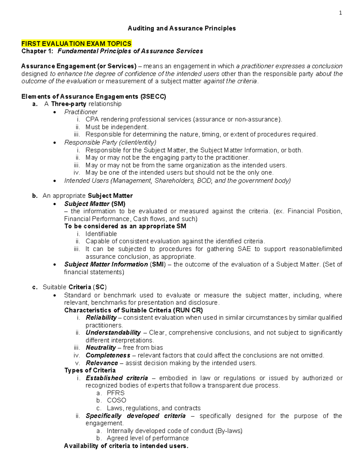 Aud Theo note - Elements of Assurance engagement - 1 Auditing and ...