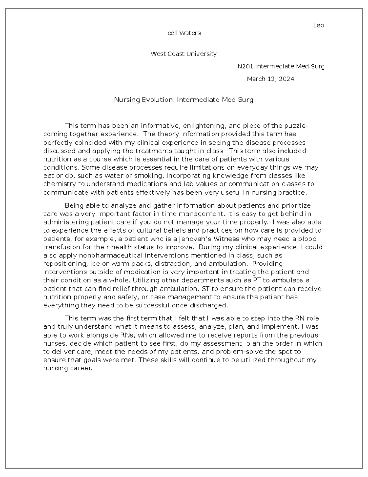 Nursing Evolution MS2 - Summary Intermediate Med-surg - Leo cell Waters ...
