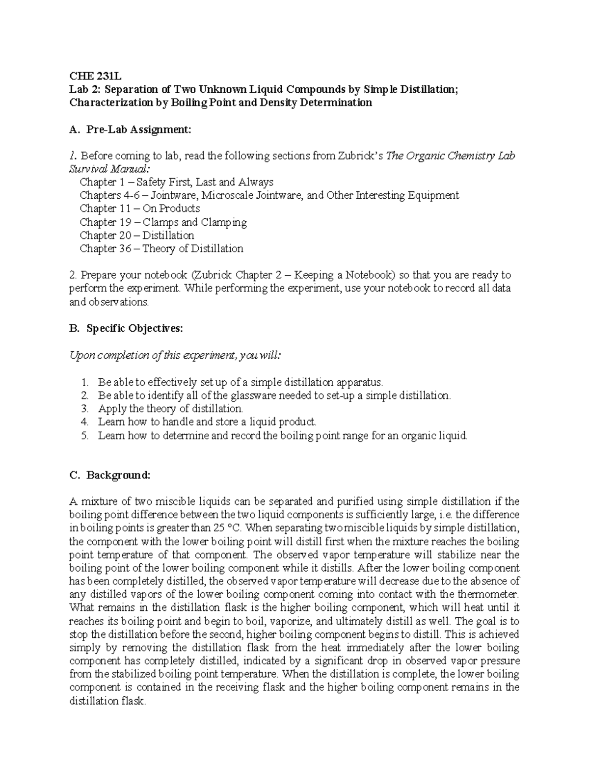 CHE 231 Lab 2 manual CHE 231L Lab 2 Separation of Two Unknown Liquid