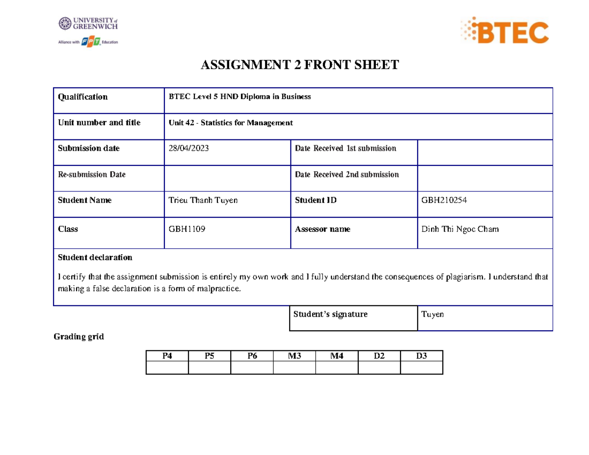 570asm2 - passss thuiii - ASSIGNMENT 2 FRONT SHEET Qualification BTEC ...