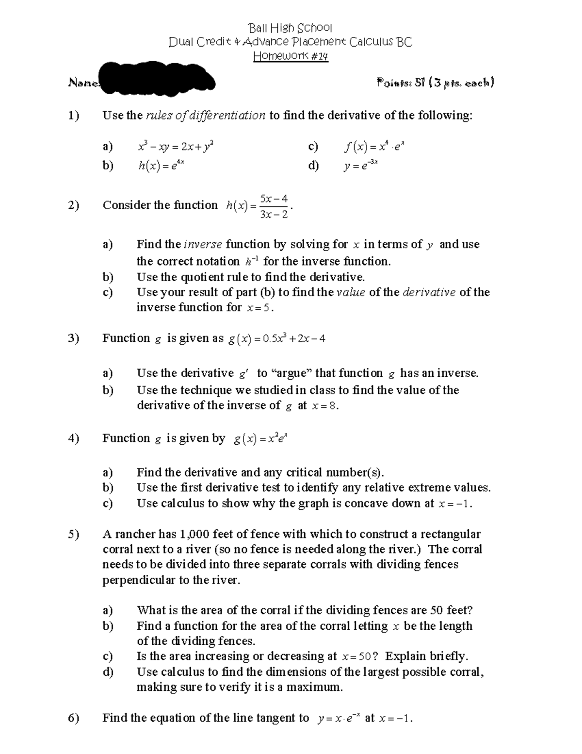 Hw14 - Homework 14 - Ball High School Dual Credit & Advance Placement ...