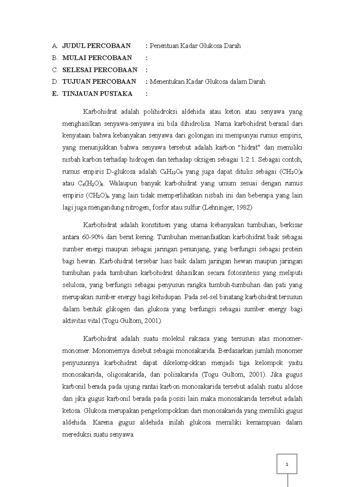 Laporan Glukosa Darah 3 - 1 A. JUDUL PERCOBAAN : Penentuan Kadar ...