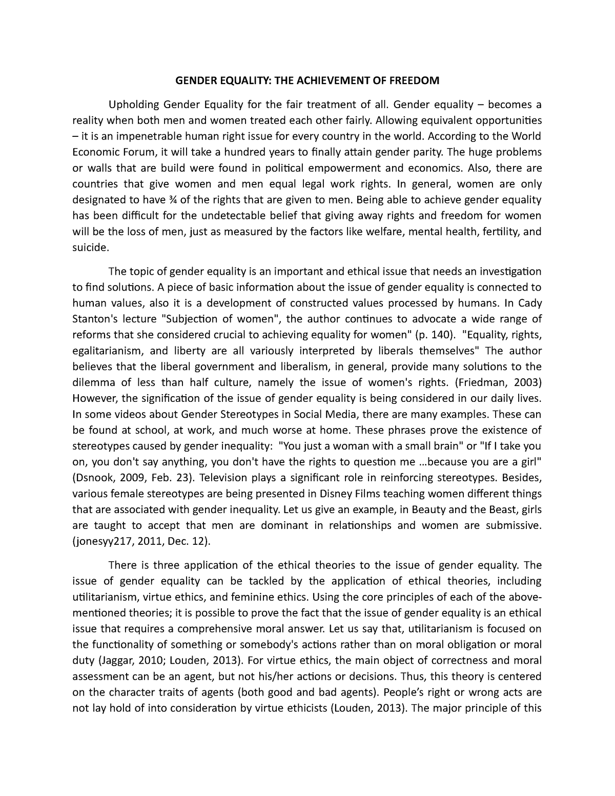 reflection essay about gender equality