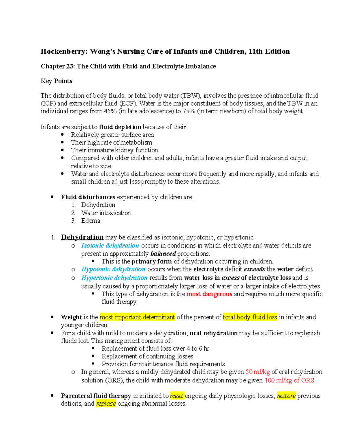 Fluid And Electrolyte Imbalance Notes - Hockenberry: Wong’s Nursing 