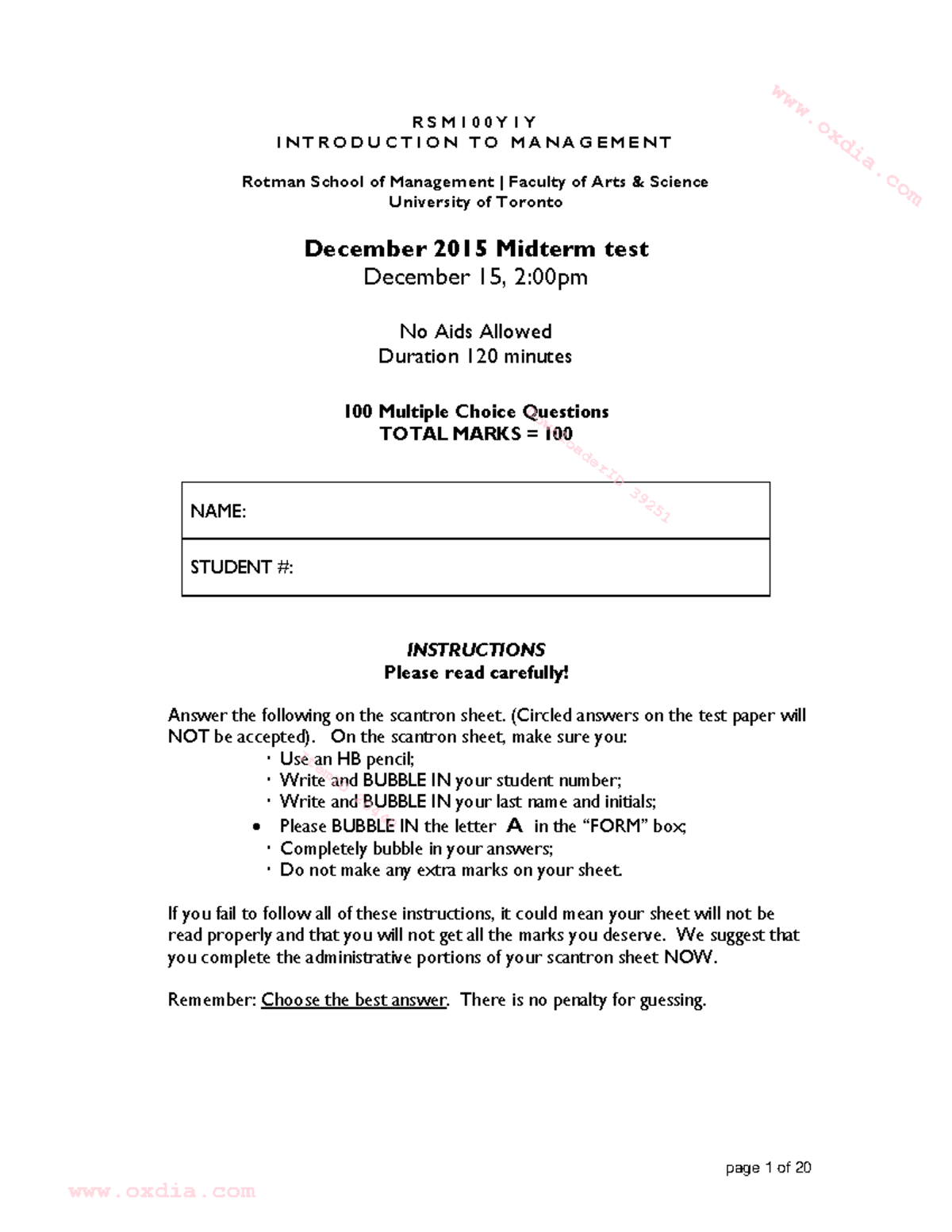 Midterm 7 October 2015, questions and answers - page 1 of 20 R S M 1 0 ...