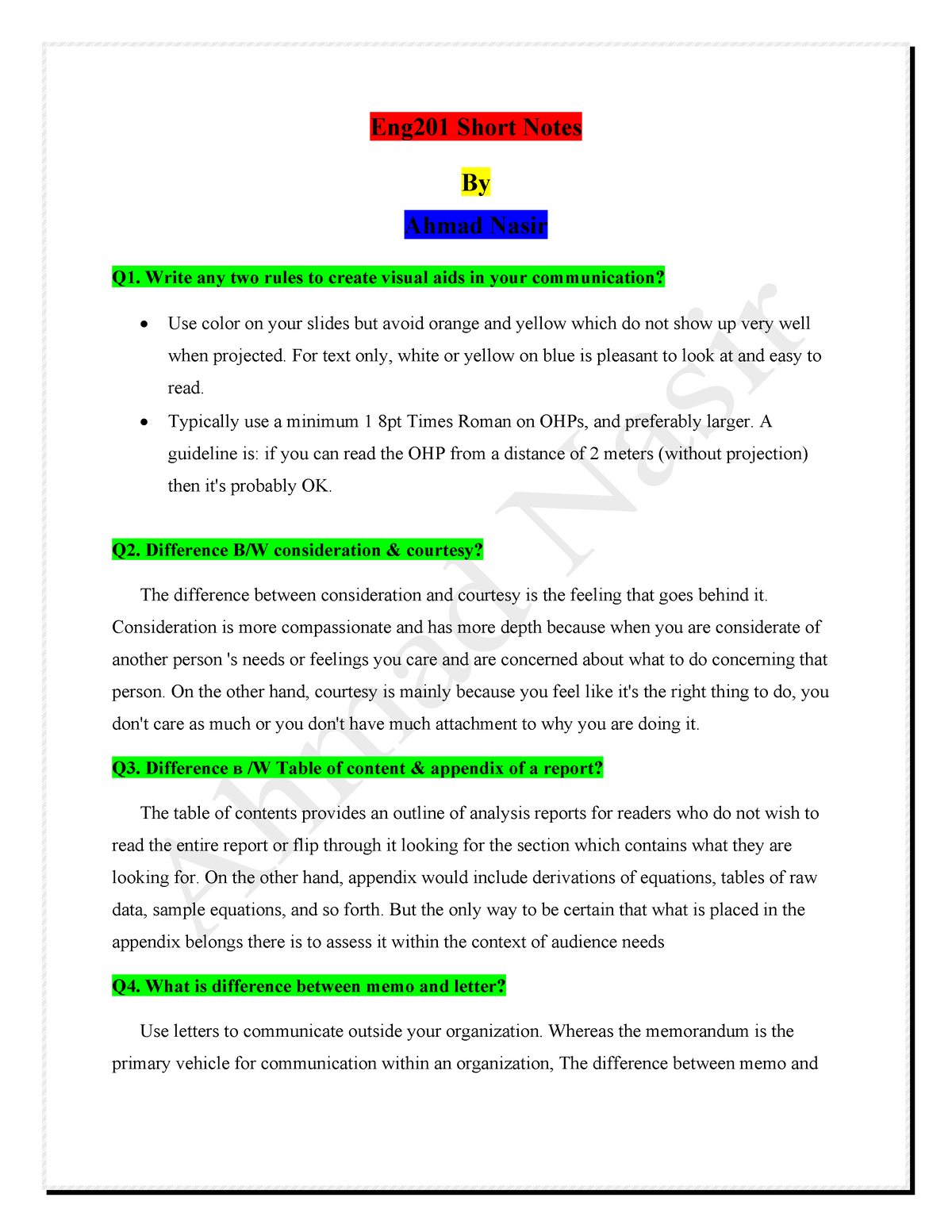 Final Term Notes - Eng201 Short Notes By Ahmad Nasir Q1. Write Any Two ...