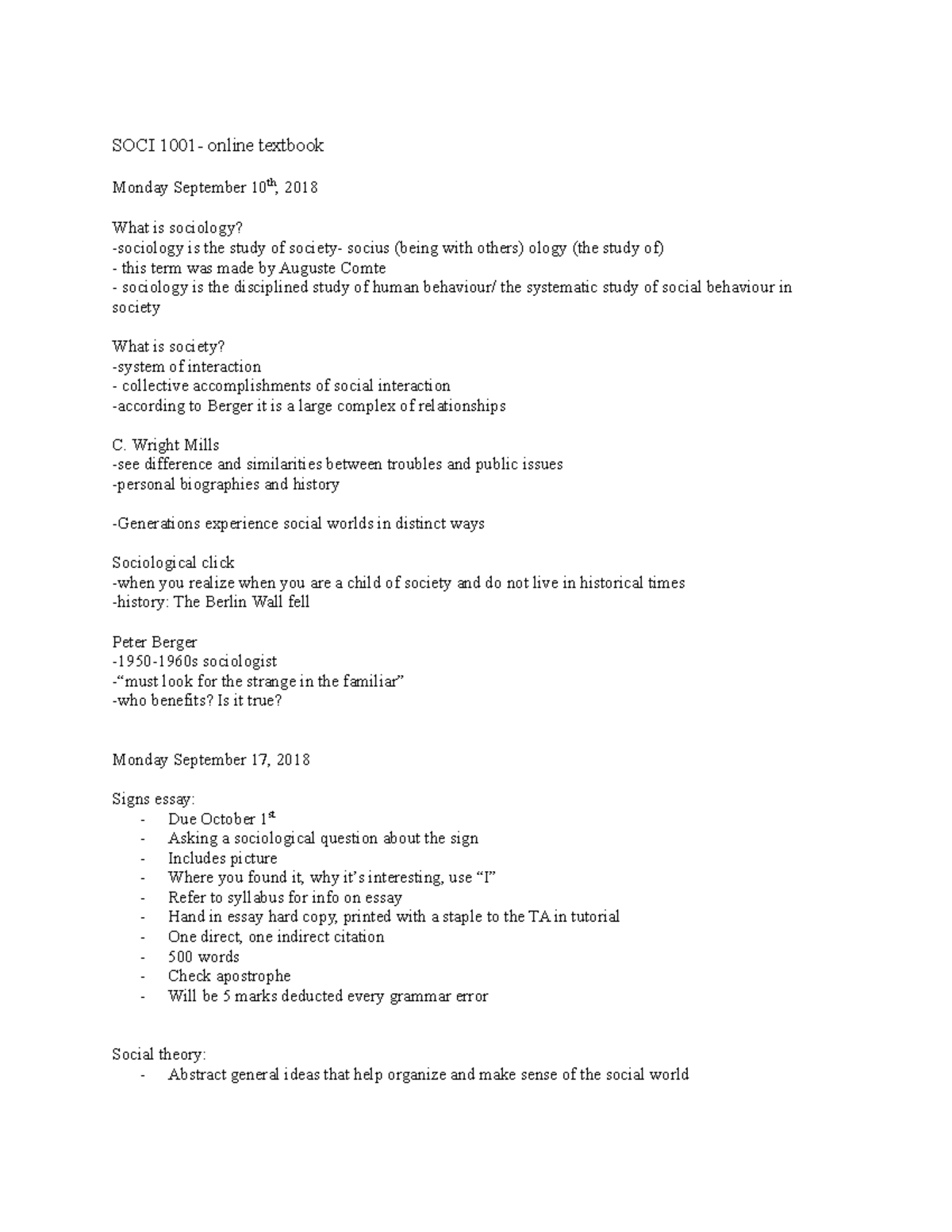 SOCI 1001 - soci 1001 lecture notes - SOCI 1001- online textbook Monday ...