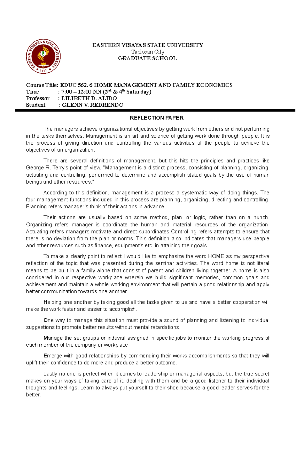 Redrendo-Reflection Paper - EASTERN VISAYAS STATE UNIVERSITY Tacloban ...