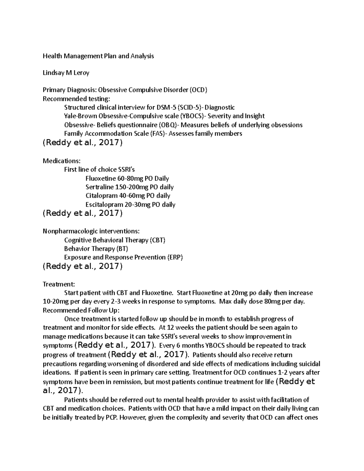 Week 2 discussion part 2 - Health Management Plan and Analysis Lindsay ...