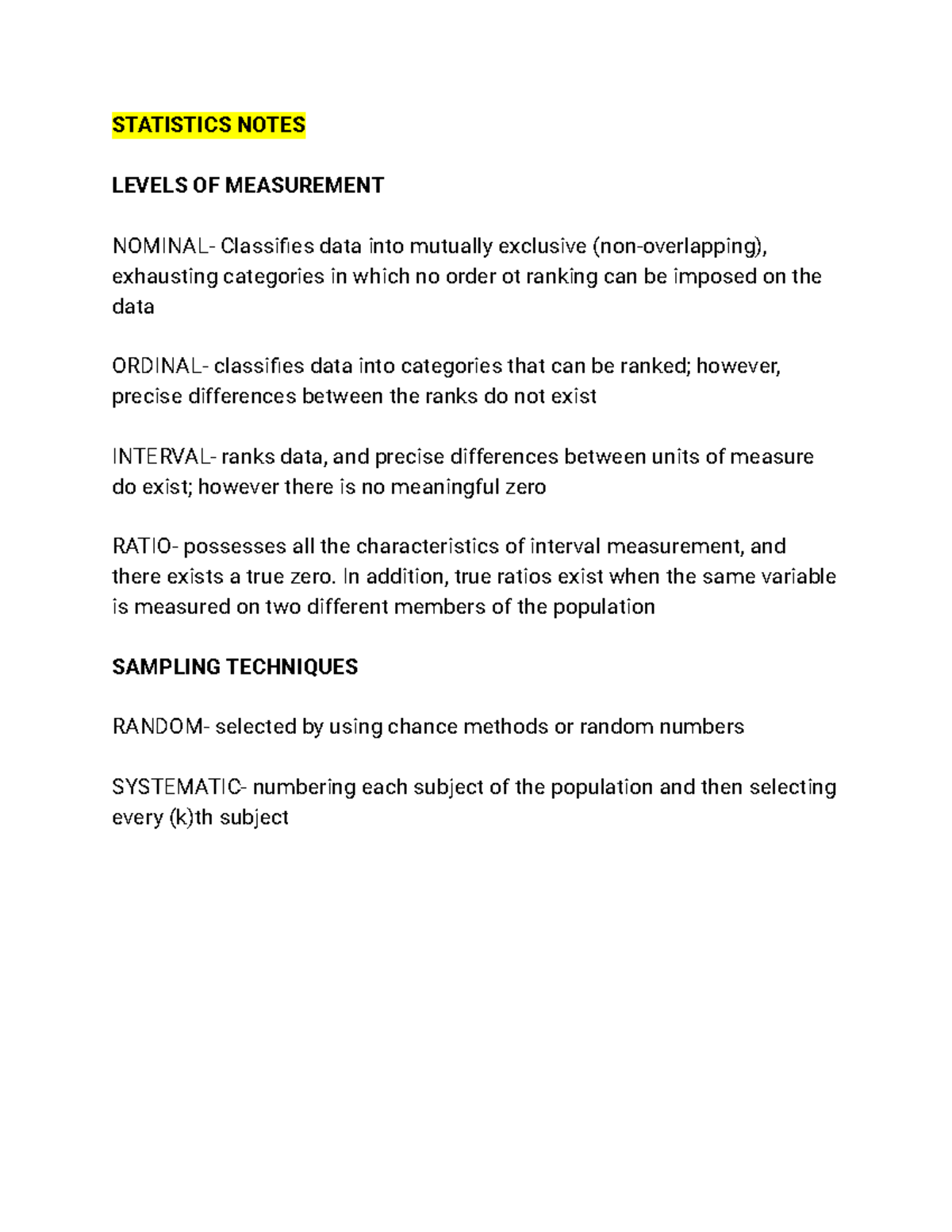 Statistics Notesss - STATISTICS NOTES LEVELS OF MEASUREMENT NOMINAL ...