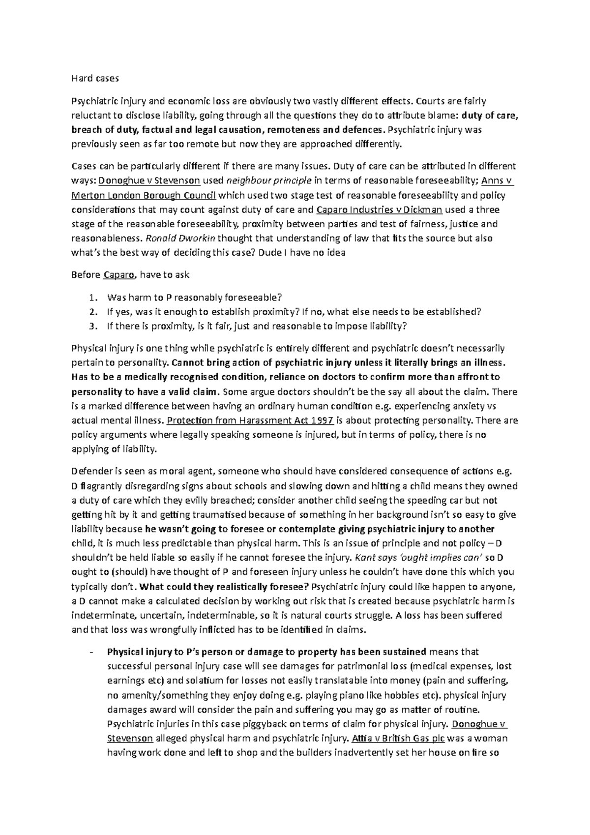 Hard cases in delict Hard cases Psychiatric injury and economic loss