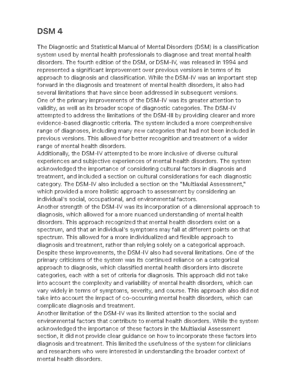 DSM 4 notes DSM 4 The Diagnostic and Statistical Manual of Mental