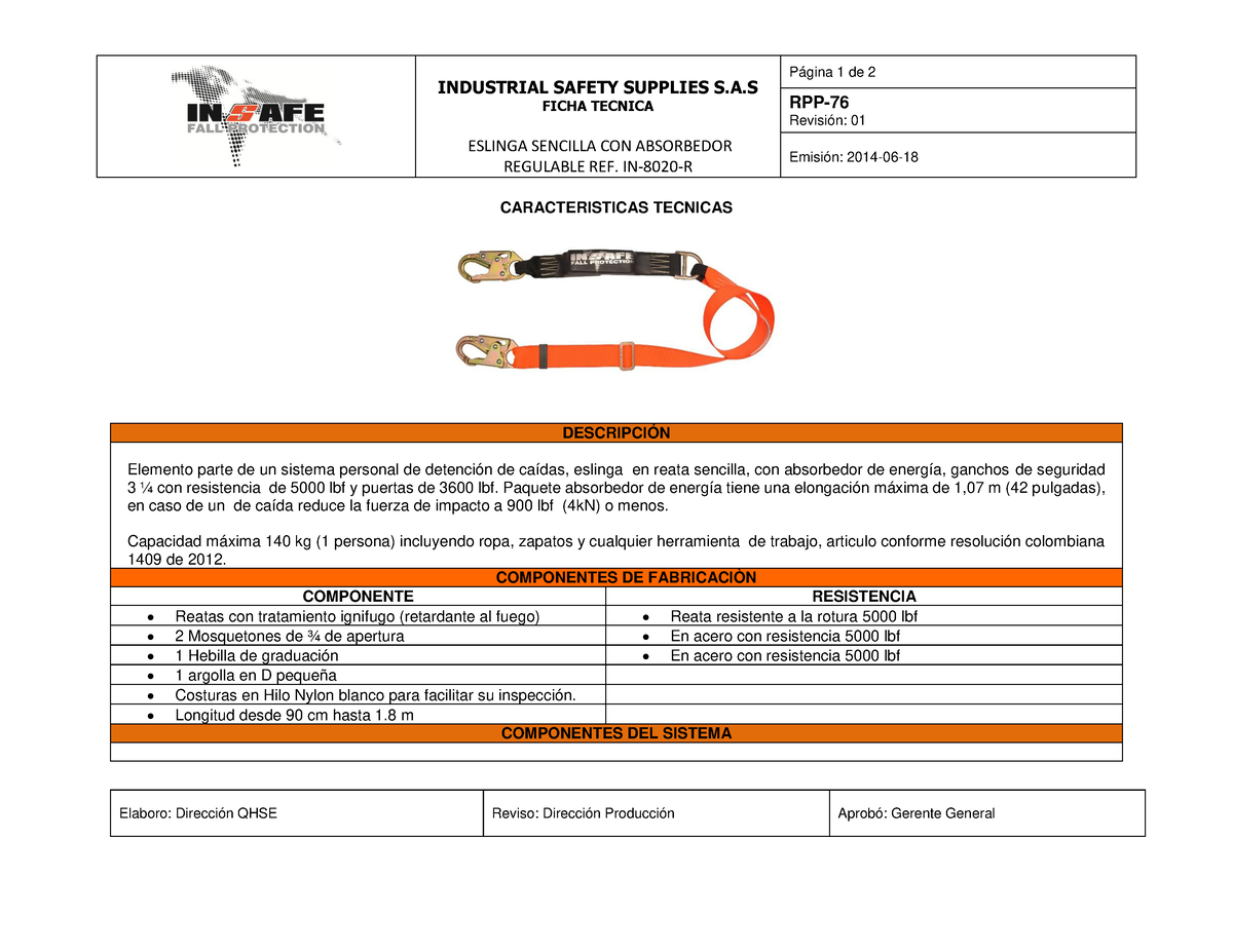 Rpp 76 Ficha Tecnica Eslinga Sencilla Con Absorbedor Regulable In 8020 R Industrial Safety 4420