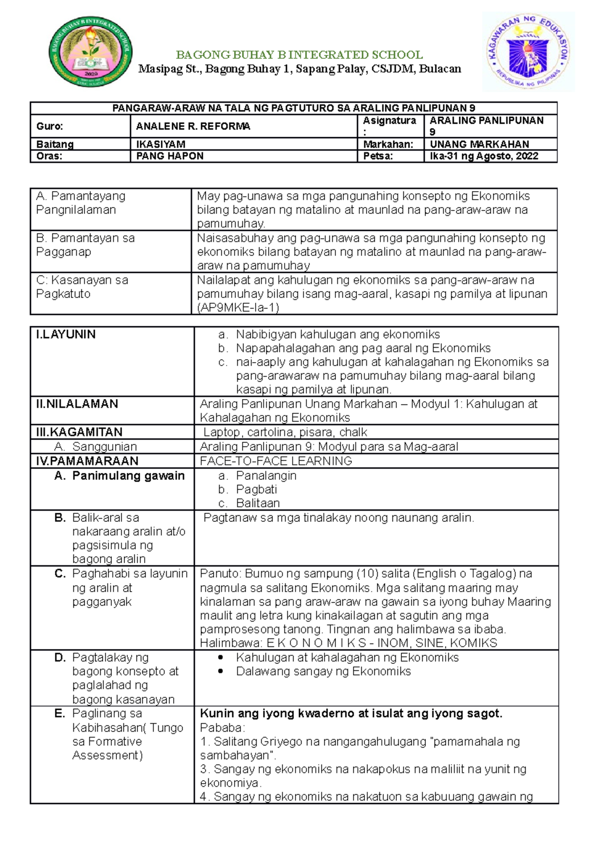 1 1st Week Daily Lesson Plan For Araling Panlipunan Masipag St 