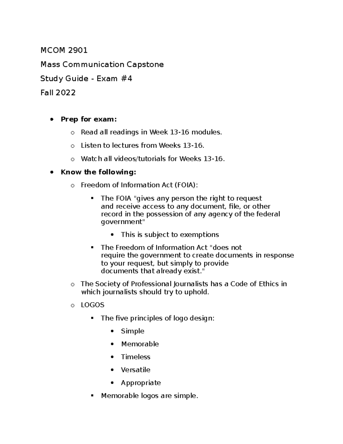 MCOM 2901-Study Guide-Exam #4-FA 22 - MCOM 2901 Mass Communication ...