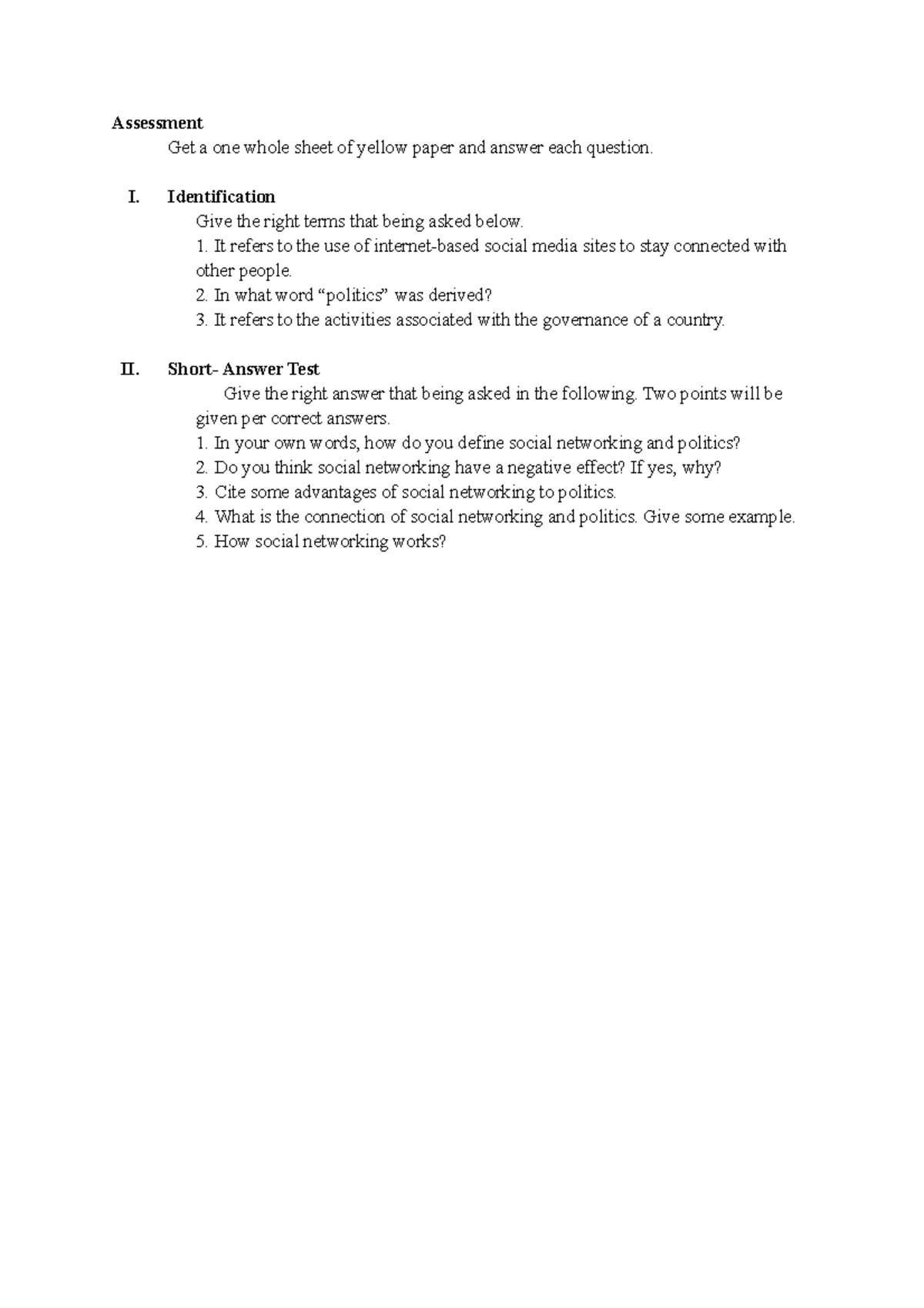 Sir Lagat - Lesson Plan - Assessment Get a one whole sheet of yellow ...