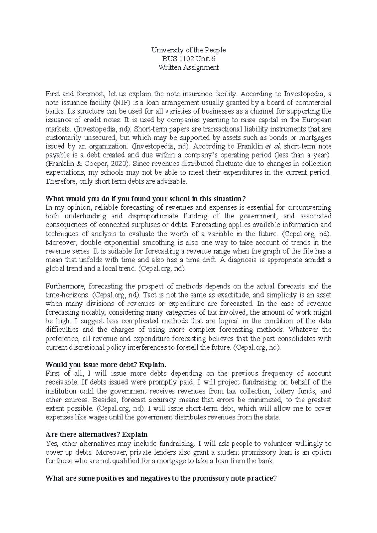 BUS 1102 Unit 6 - University of the People BUS 1102 Unit 6 Written ...