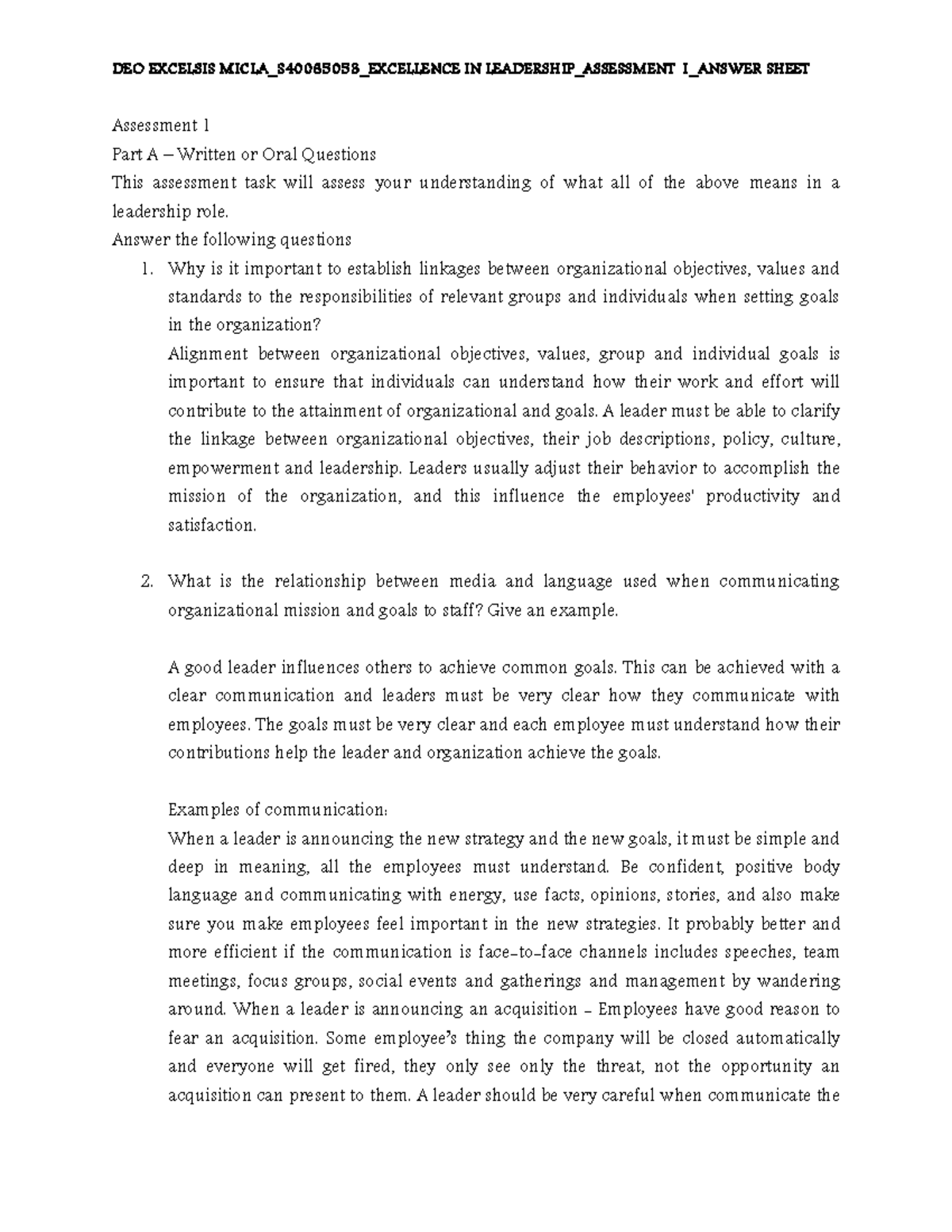 DEO Excelsis Micla S40065053 Excellence IN Leadership Assessment 1