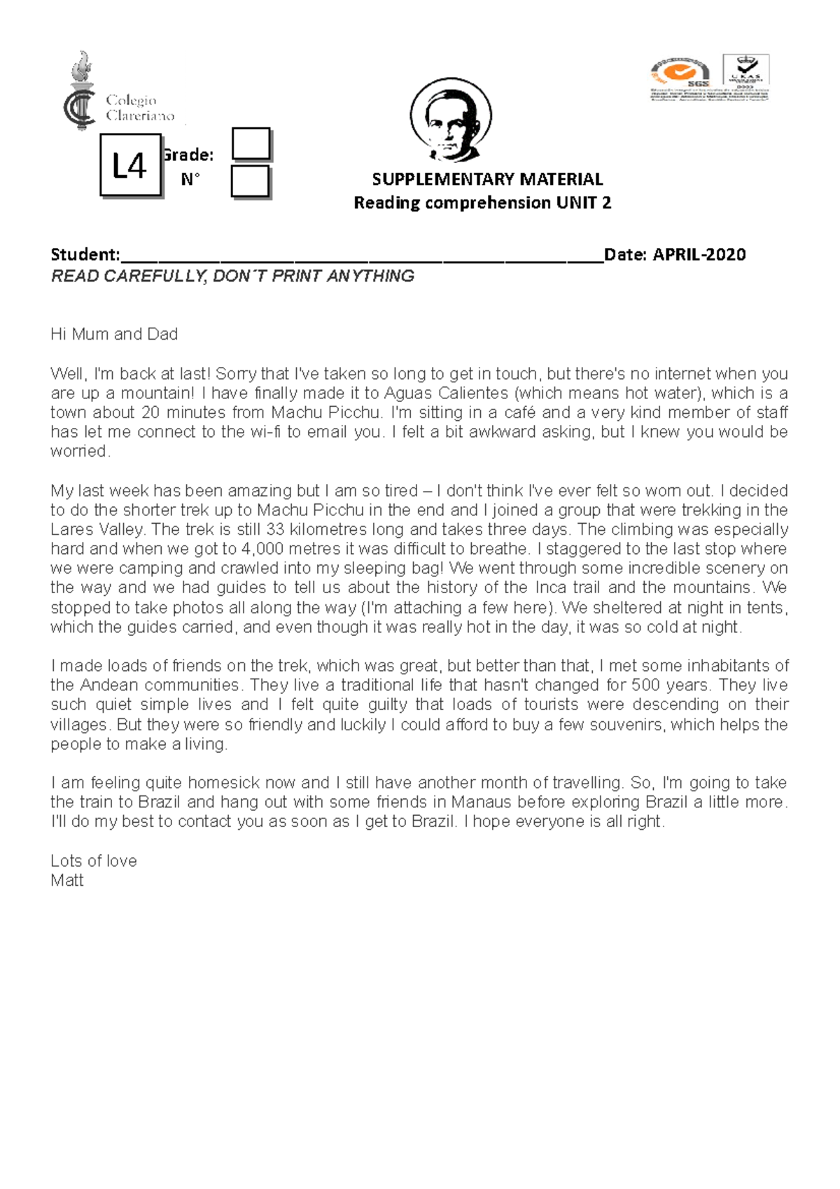 Level 4 Supplementary Material Reading Grade N° SUPPLEMENTARY