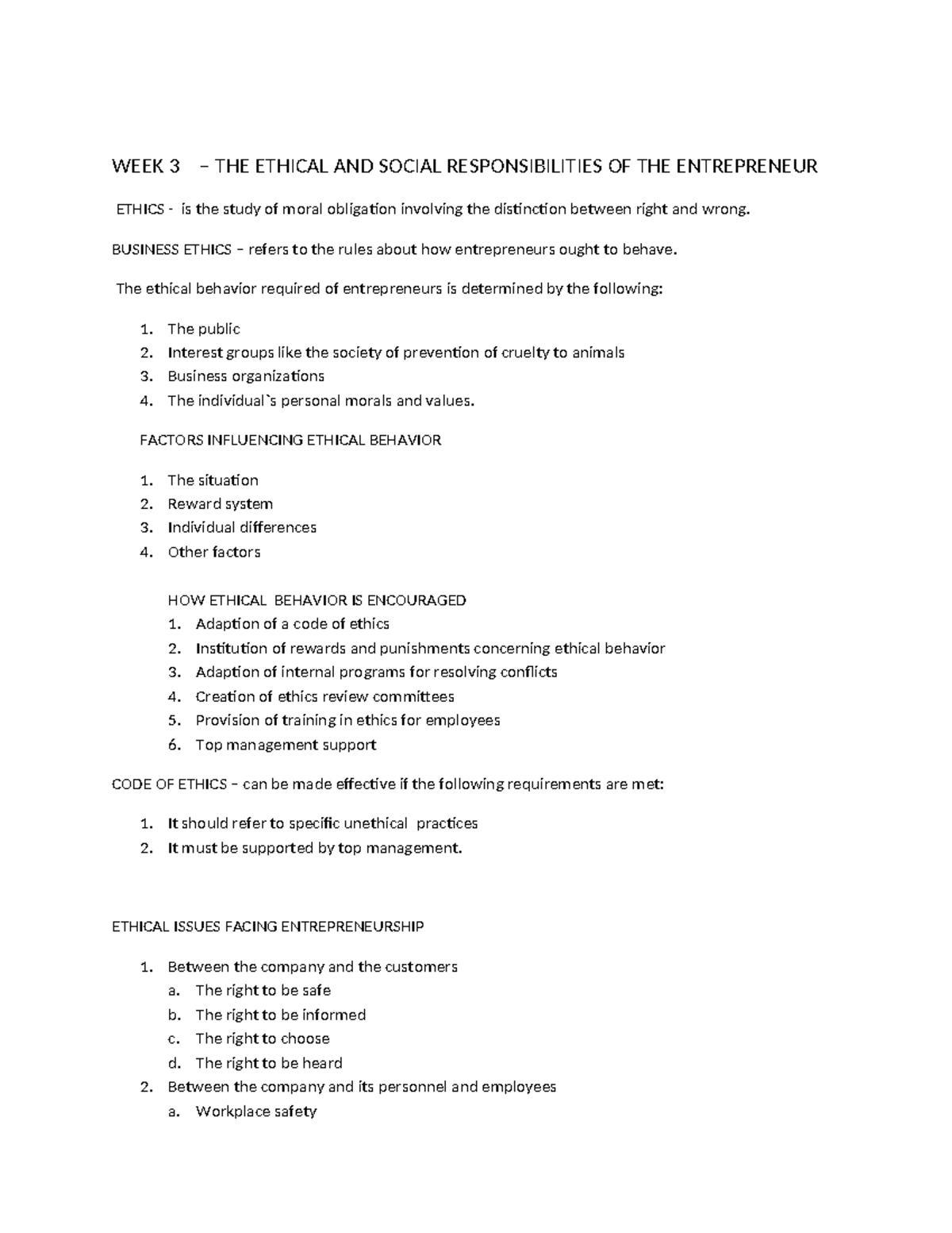 Entrep Weeks 3 and 4 - Nursing - WEEK 3 – THE ETHICAL AND SOCIAL ...