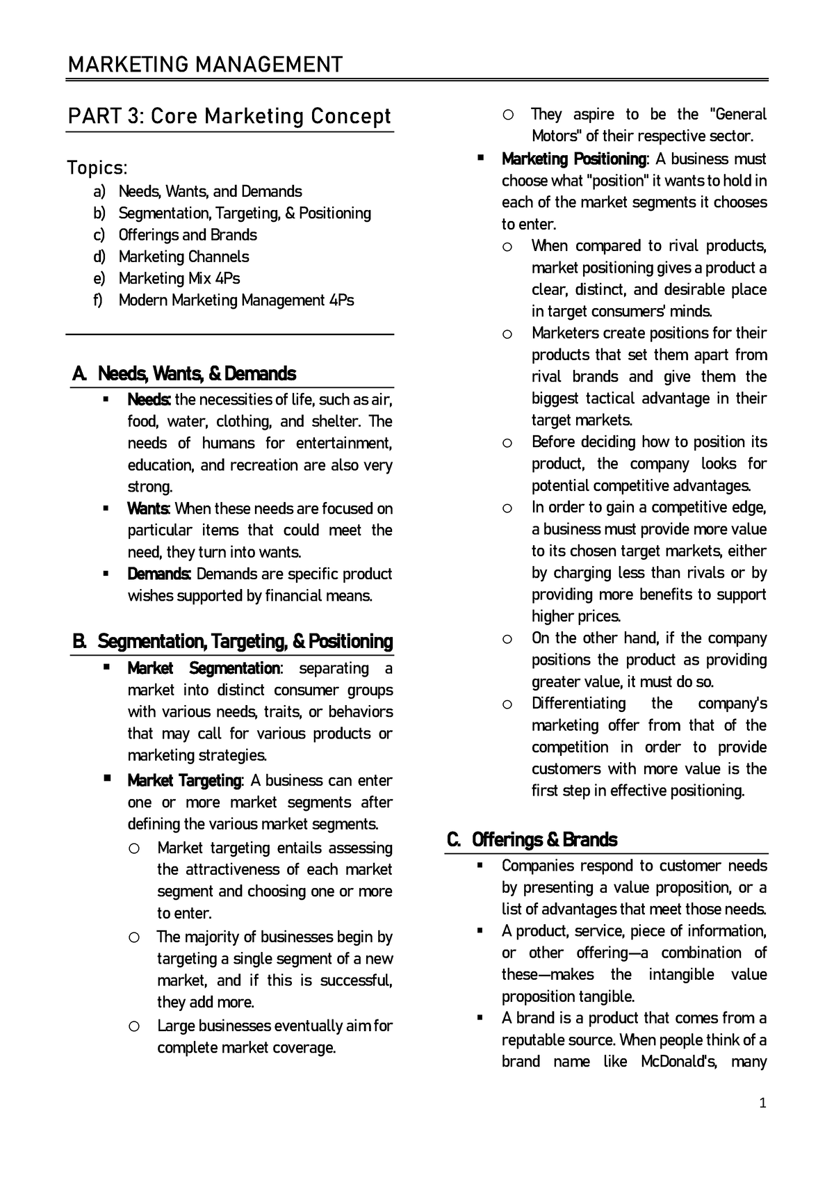 Part 3   Core Marketing Concept   MARKETING MANAGEMENT 1 PART 3: Core