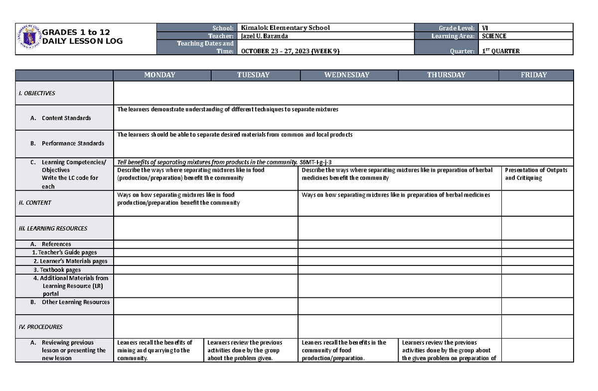 DLL Science 6 Q1 W9 - GRADES 1 to 12 DAILY LESSON LOG School: Kimalok ...