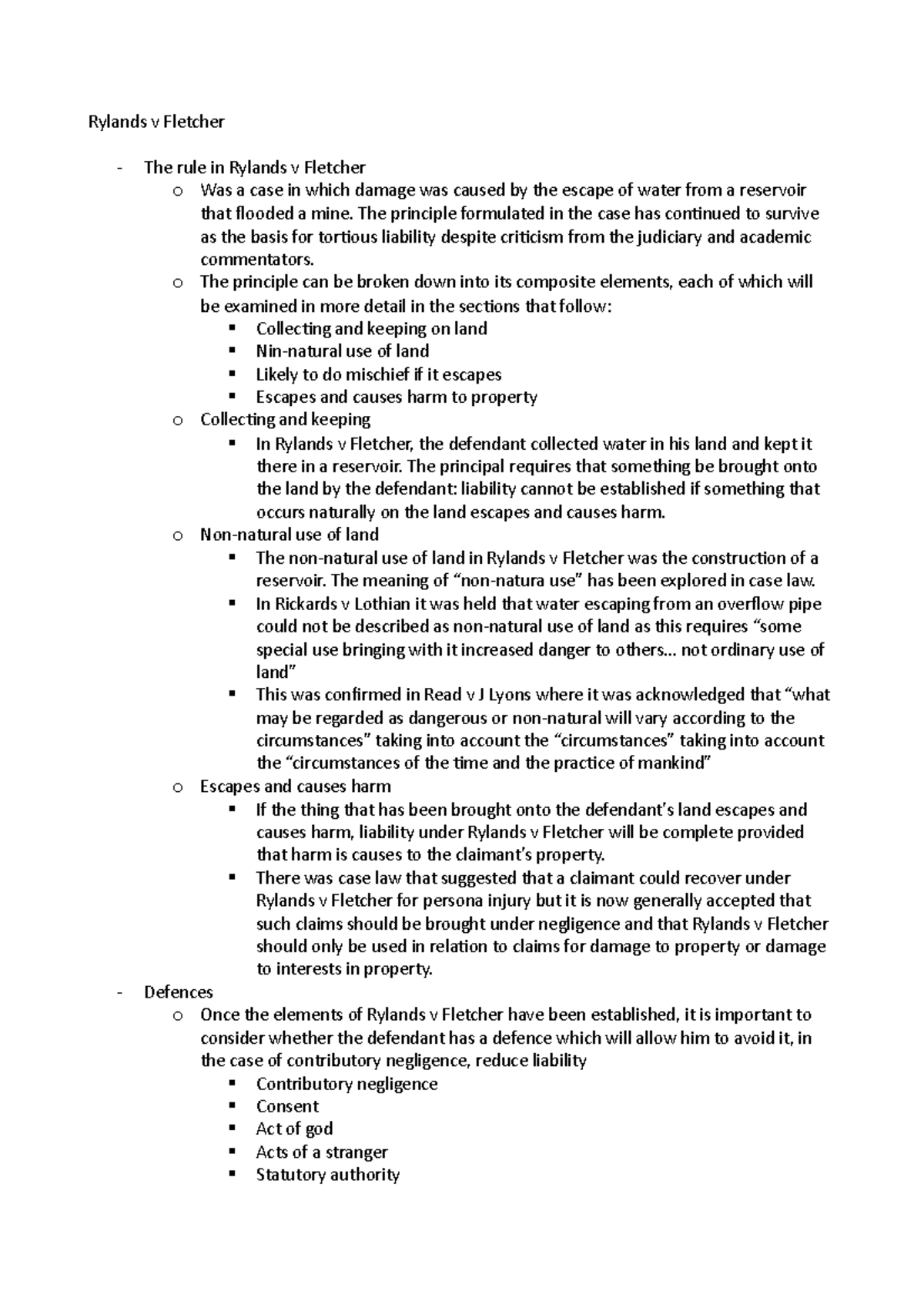 Lecture 8 - Rylands v Fletcher - Rylands v Fletcher The rule in Rylands ...