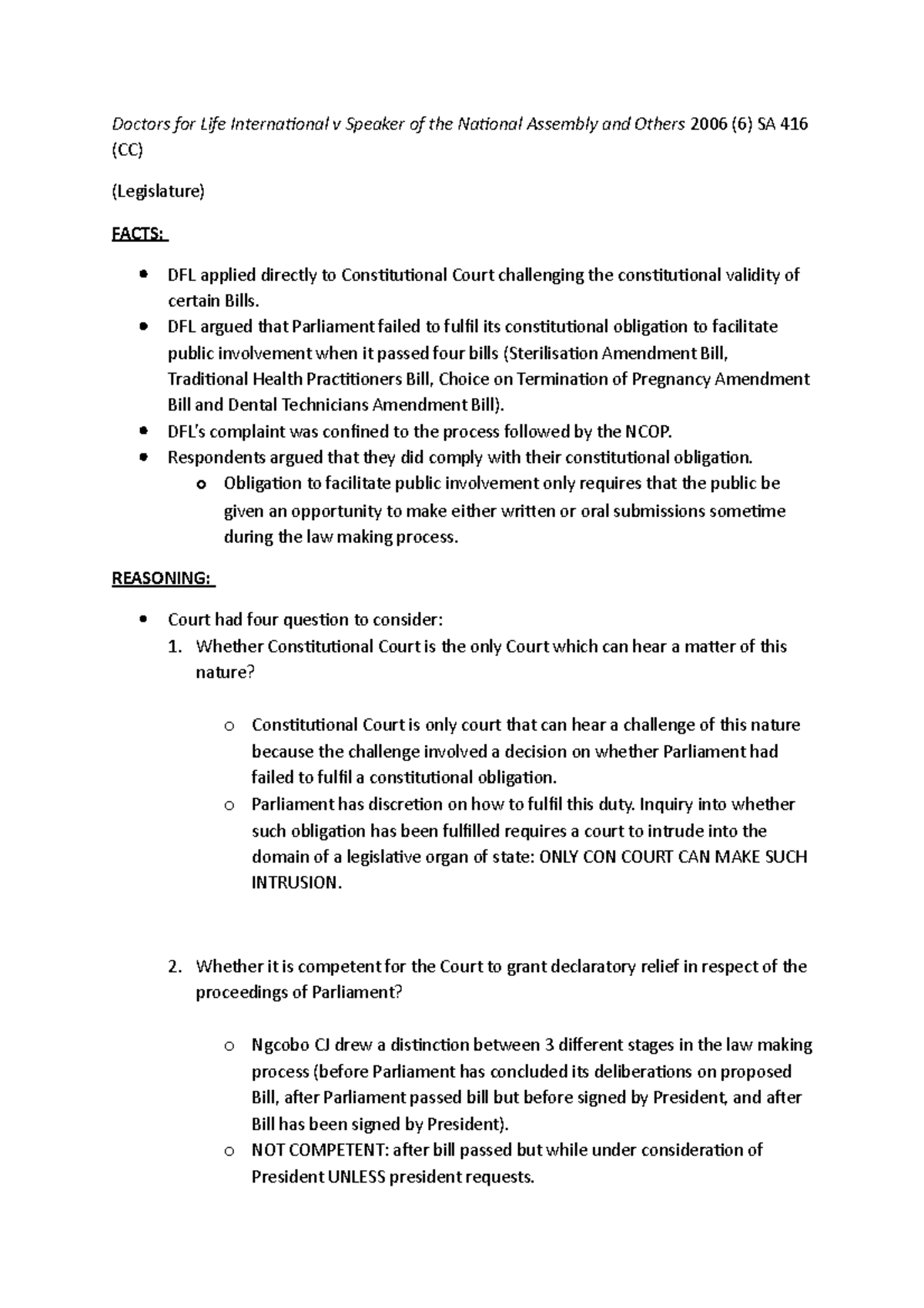 Con law cases Case summaries Doctors for Life International v