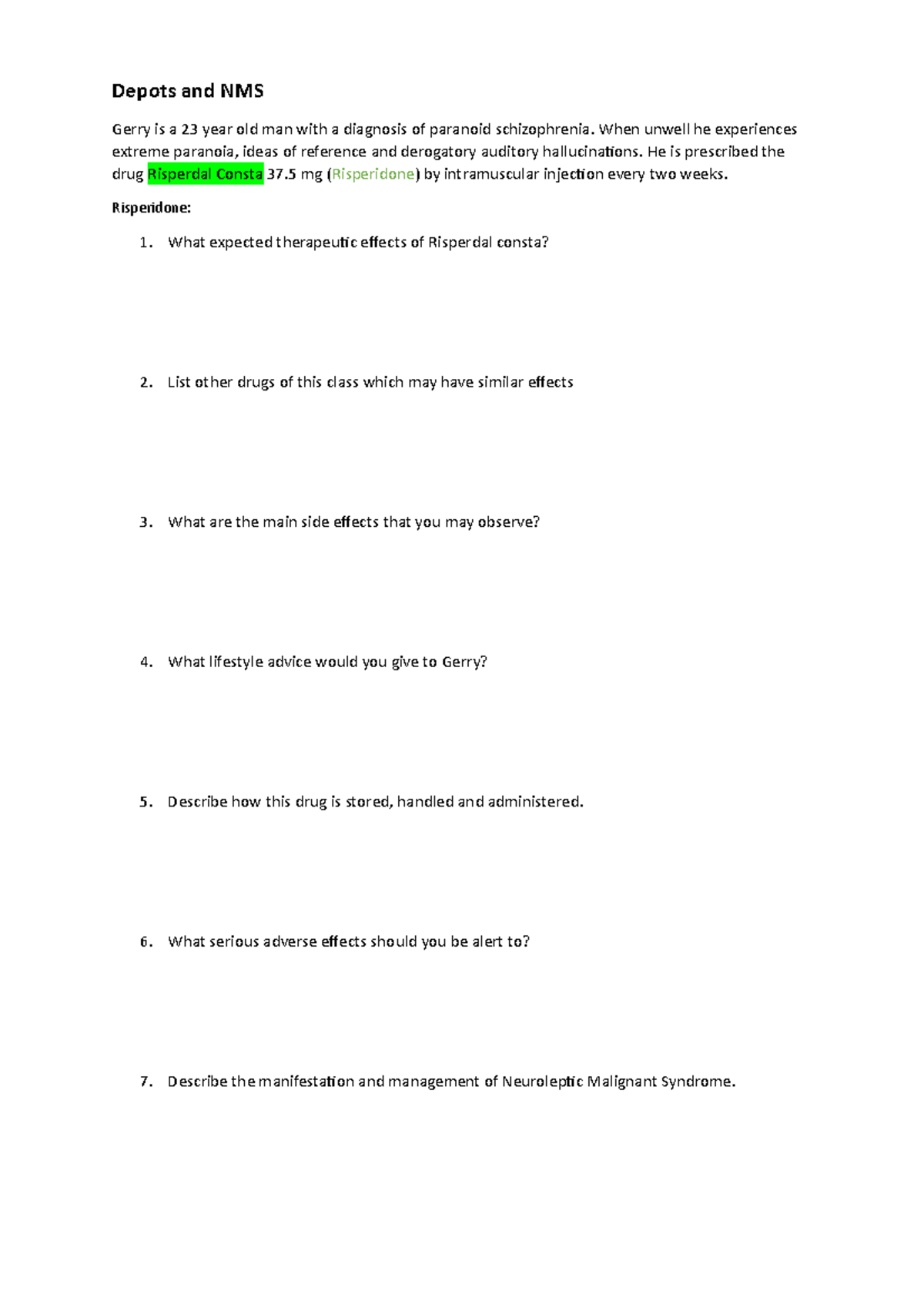 Psychopharmacology Worksheets - Depots and NMS Gerry is a 23 year old ...