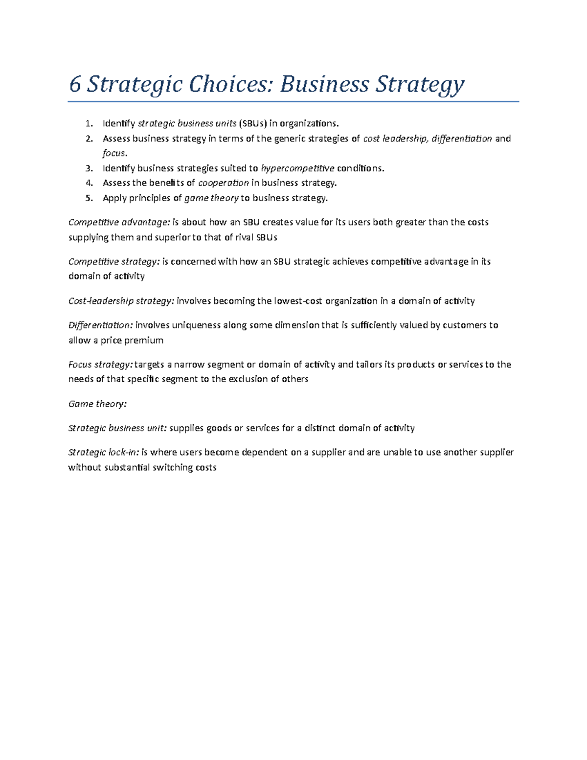 Ch. 6 Strategic Choices - 6 Strategic Choices: Business Strategy 1 ...