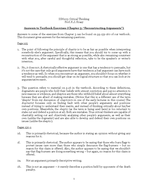 Chapter 1 Exercise Solutions - SSH105: Critical Thinking Prof. K. Kraay ...