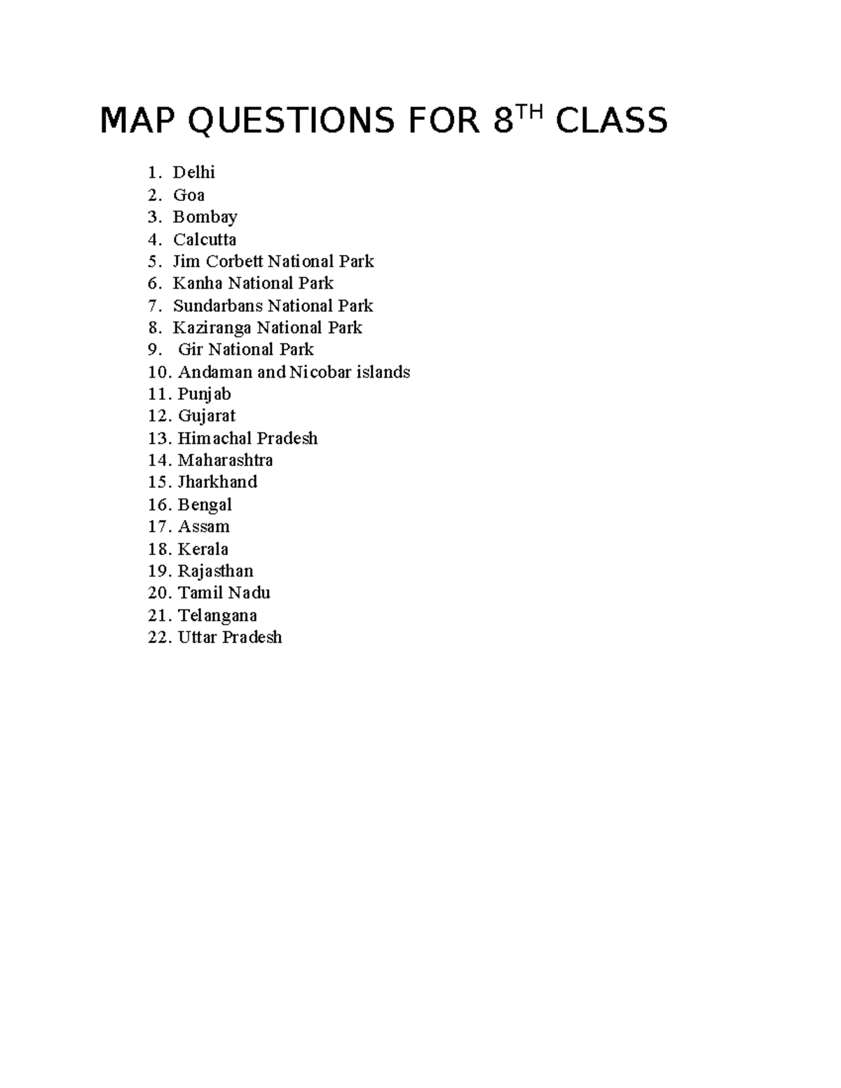 MAP Questions FOR 8TH Class - MAP QUESTIONS FOR 8 TH CLASS 1. Delhi 2 ...