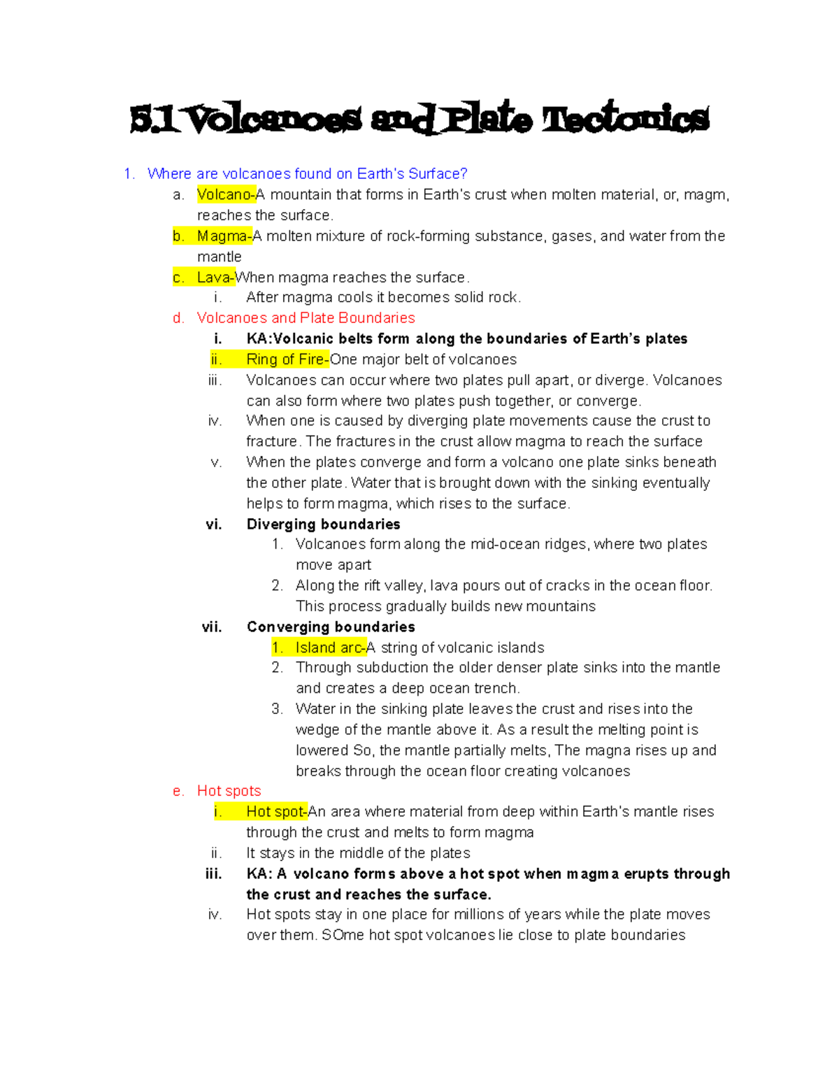 5.1 5.2 Outline Notes - Volcanoes and Plate Tectonics - 5 Volcanoes and ...
