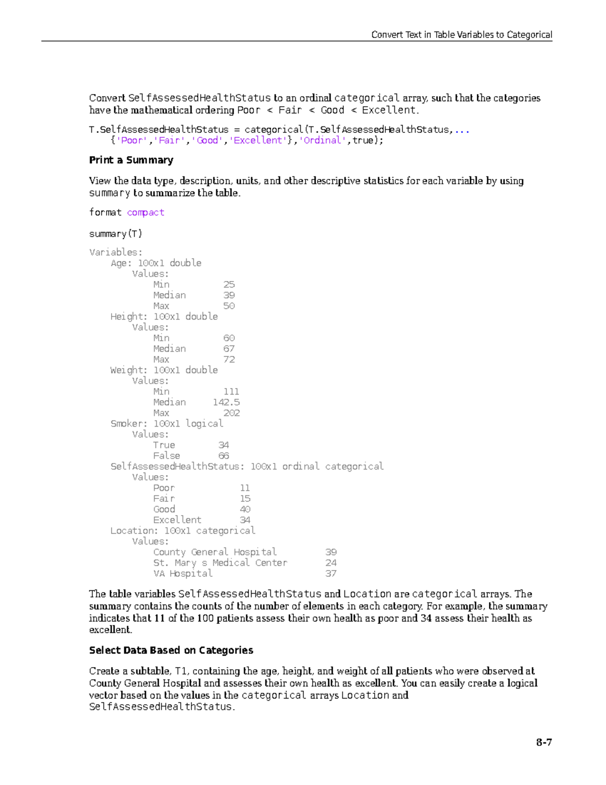 Matlab prog-35 - Convert SelfAssessedHealthStatus to an ordinal ...
