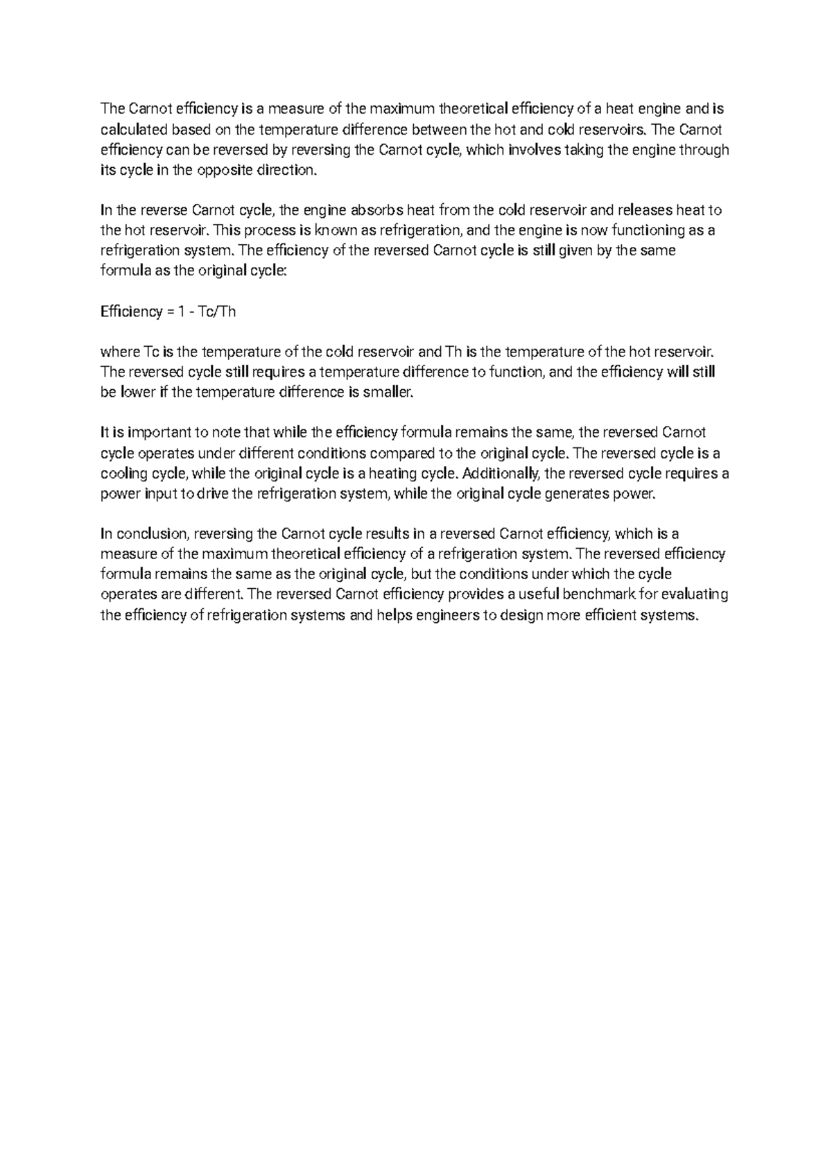 Carnot efficiency reversing the cycle - The Carnot efficiency is a ...