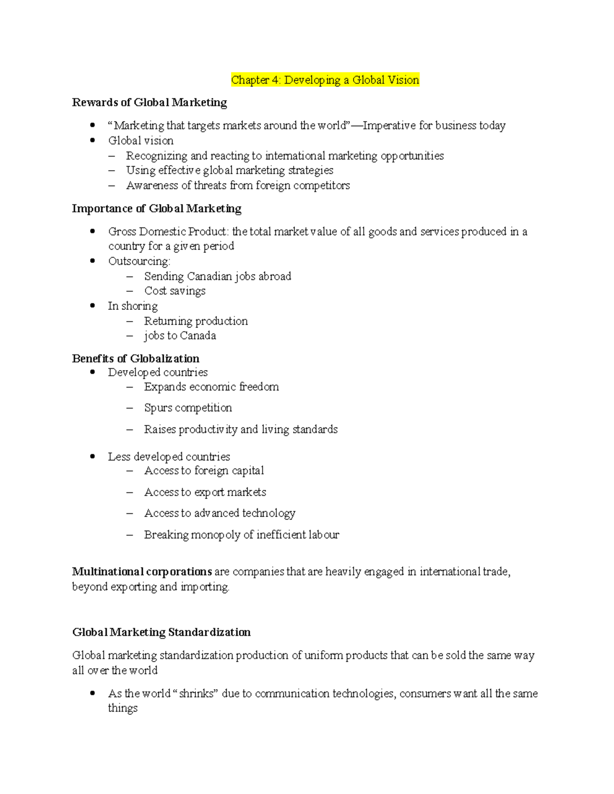 ADMS 2200 K Notes Ch 4-6 - Chapter 4: Developing a Global Vision ...