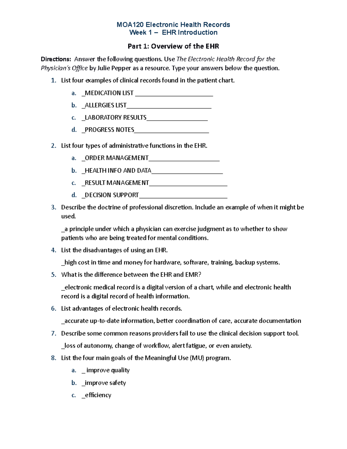 Wk1Assignment - Medical Records - MOA120 Electronic Health Records Week ...