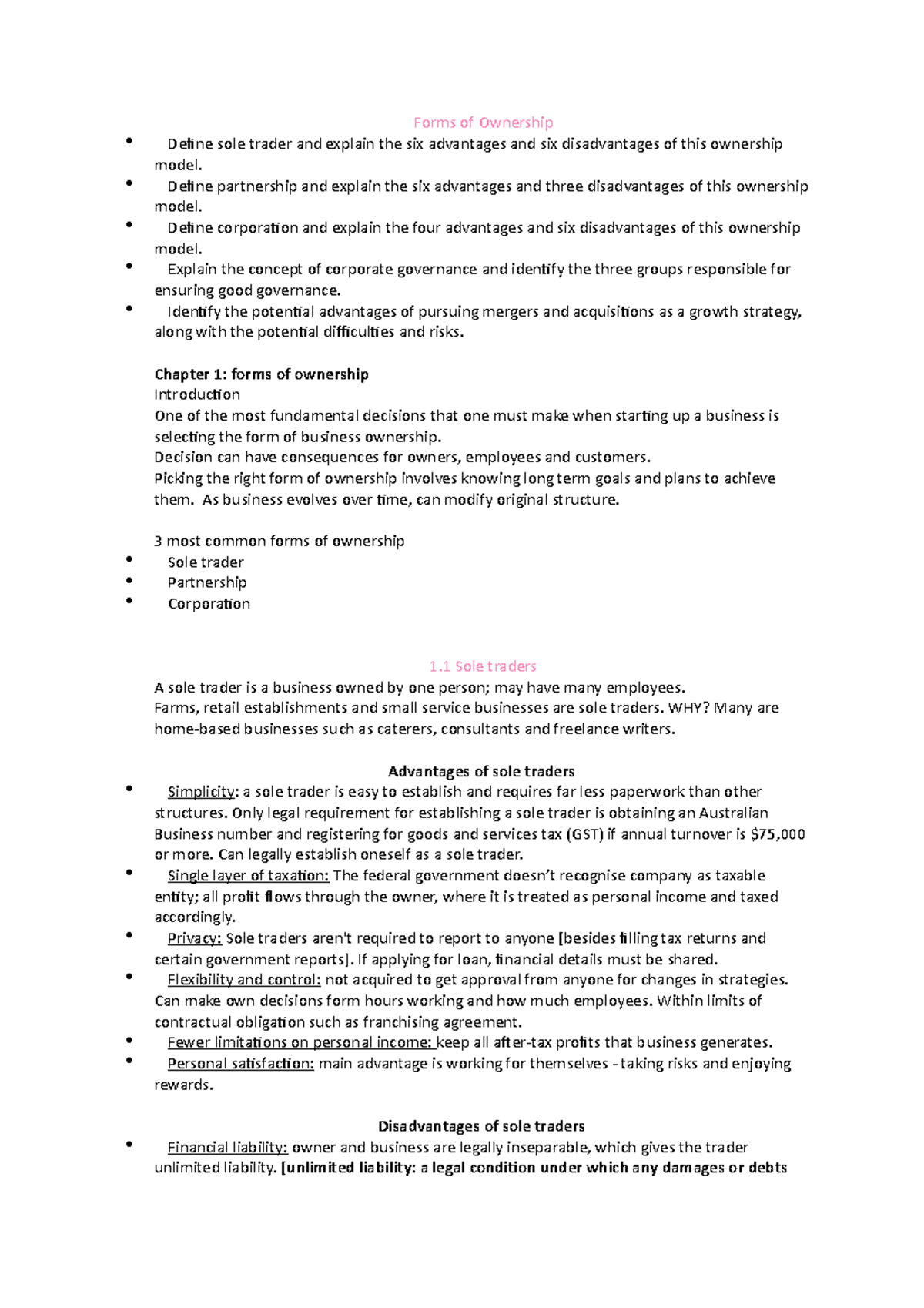 Forms of Ownership Forms of Ownership Define sole trader and explain