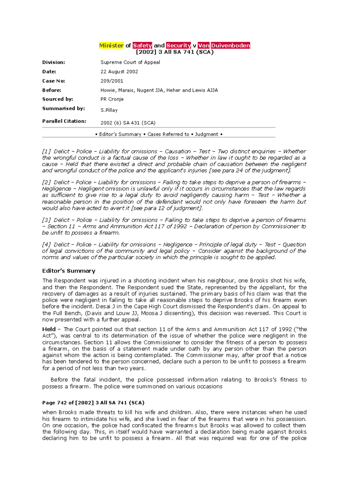 Minister of Safety and Security v Van Duivenboden 2002 6 SA 431 (SCA