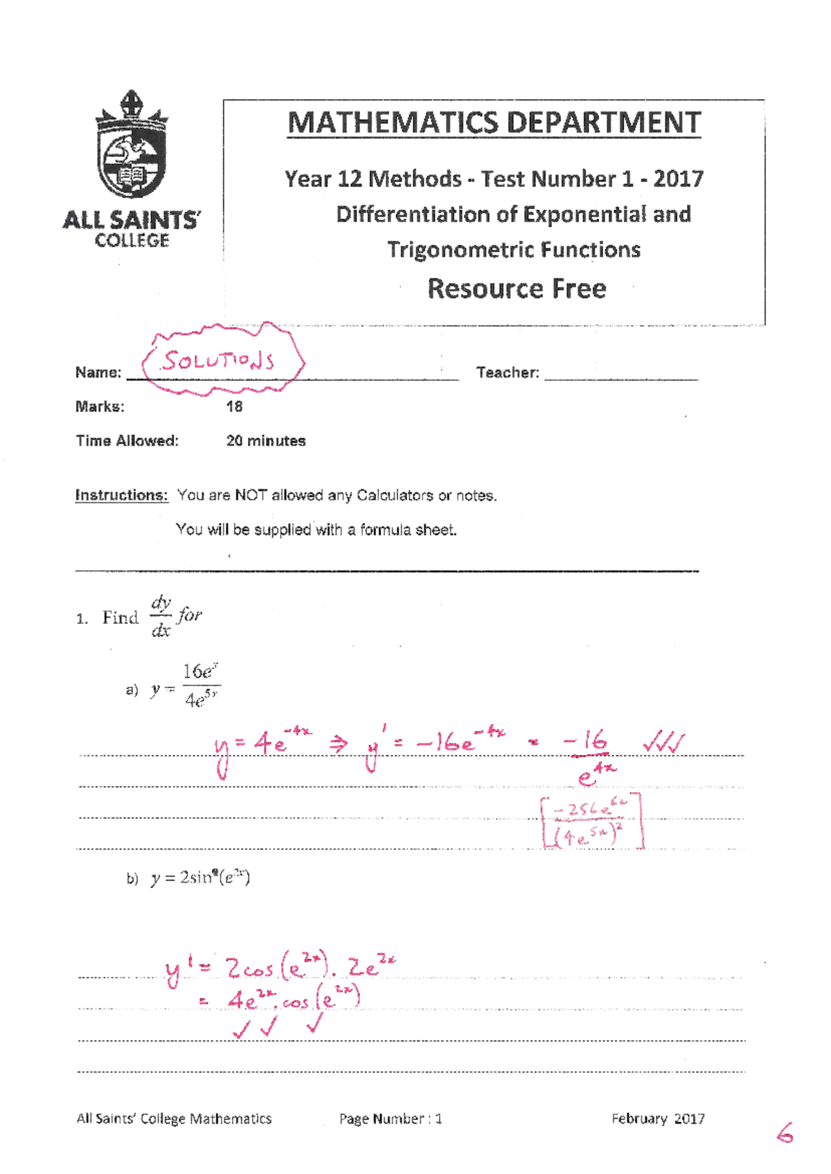 ASC Meth 2017 Test 1 Differentiation Exponential and Trigonometric ...