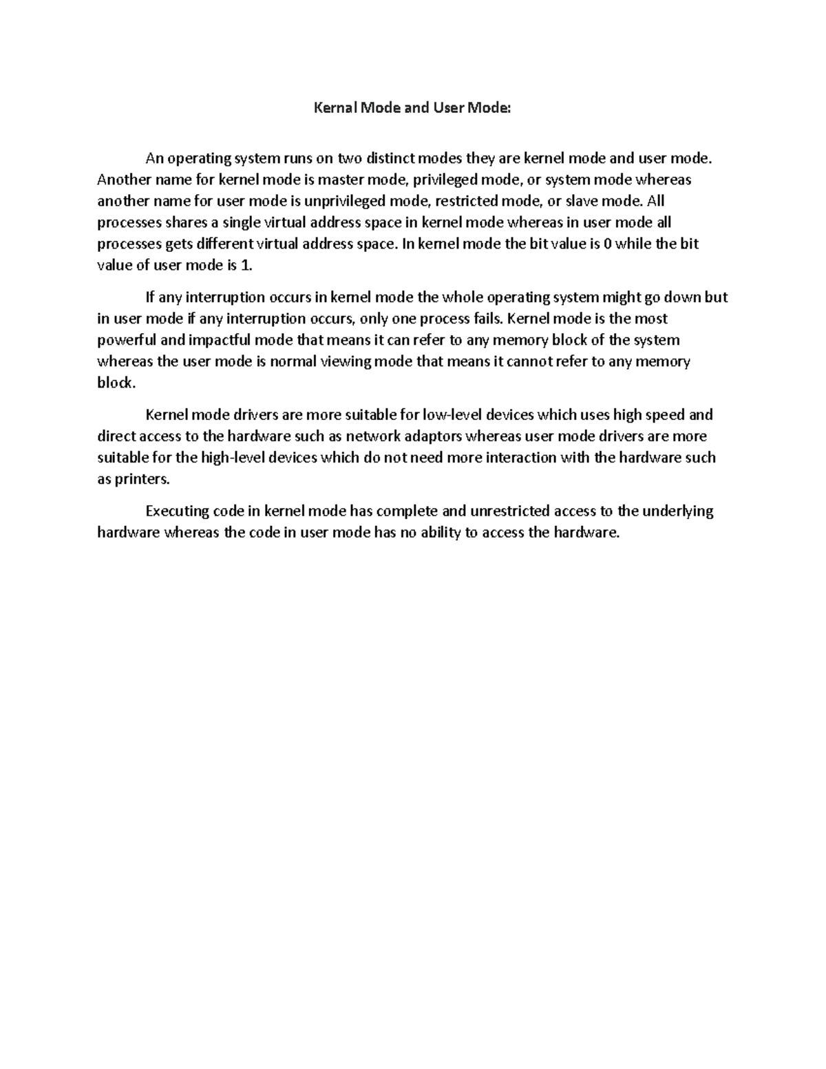 Assignment -1 - Kernal Mode and User Mode: An operating system runs on ...