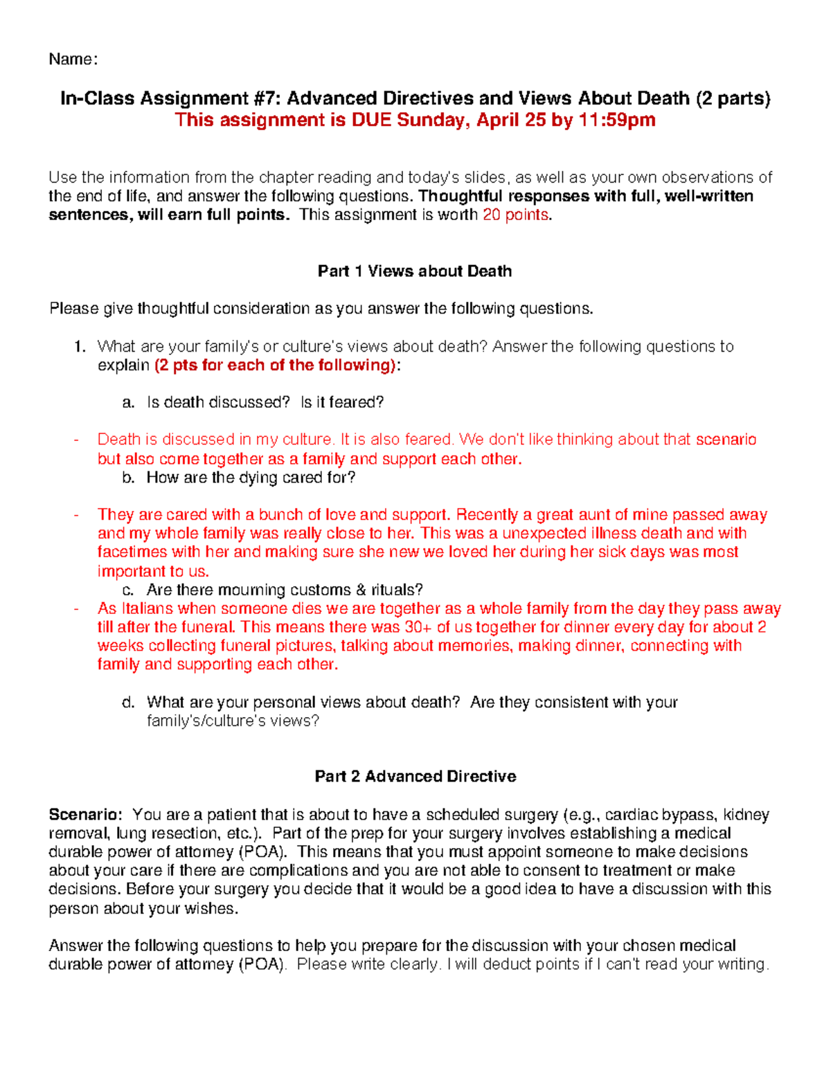In-Class 7 Views About Death Advanced Directive - Name: In-Class ...