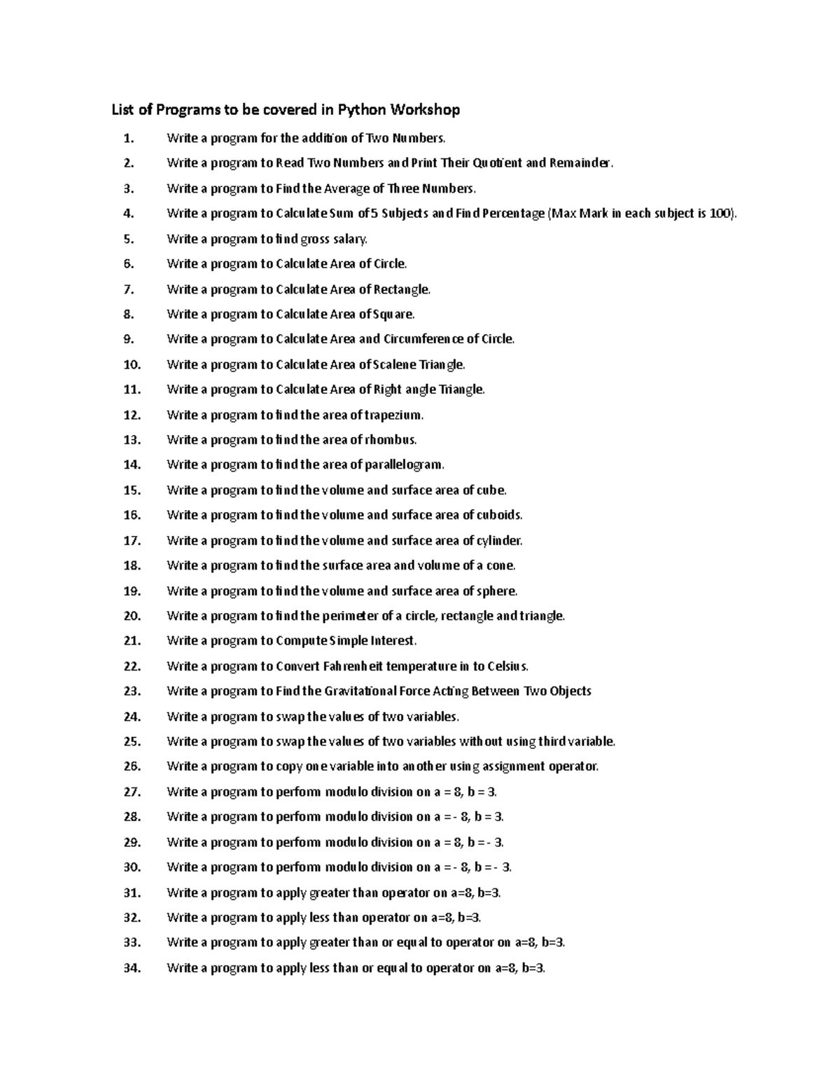 Python program for workshop list of programs to be covered in python