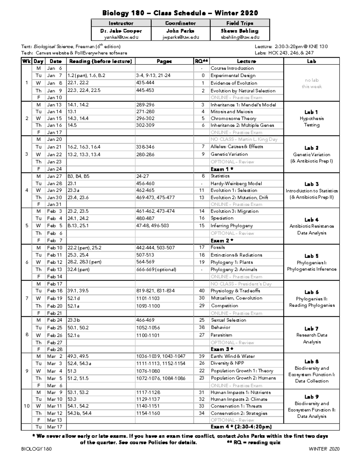 Bio 180-Syllabus Wtr2020 - Biology 180 — Class Schedule — Winter 2020 ...